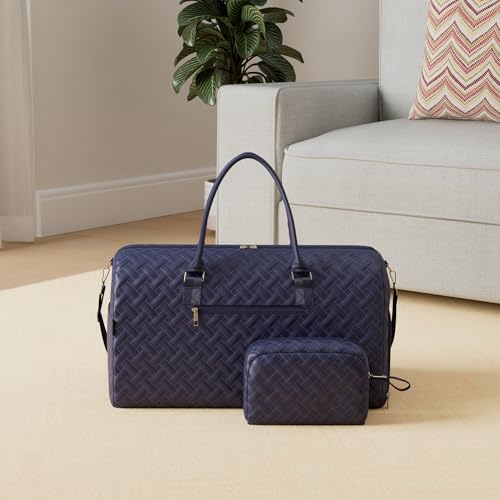 Image of Duffle Bag for Travel, Weekender Bag with Shoe Compartment, Carry On Overnight Bag for Women with Toiletry Bag, Gym Bag with Wet Pocket, Hospital Bags for Labor and Delivery Beige, Navy, 23.4x11x11.6