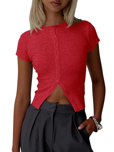 Image of Imily Bela Womens Short Sleeve Sweater Tops Summer Button Down Casual Ribbed Knit Slim Fit Cropped Cardigan Shirts