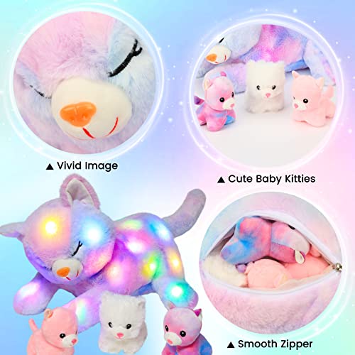 Hopearl Led Plush Cat Light Up Stuffed Mommy Cat With 3 Baby Kittens In Her Tummy Stuffed Animal Playset Night Lights Glow In The Dark For Mom Kids Toddler Girls, Rainbow, 18'' #TOP5