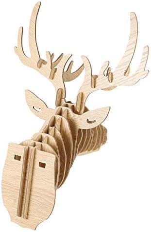 Jcevium 3D Wood Carving Deer Head Decoration Wall and Door Necklace Hat Key - Beige
