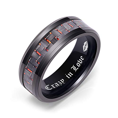 LerchPhi Mens 8mm Black Tungsten Carbide Ring with red carbon fiber Wedding Rings Comfort-fit Edge Wedding Band