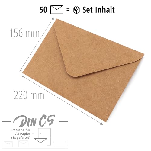 Japun – Briefumschläge (50 Stück) aus Kraft-Papier, Kuvert, Umschlag ohne Fenster - DIN C5-220 x 156 mm - braun