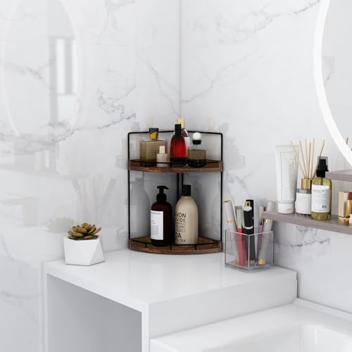Image of Dorhors 2-Tier Bathroom Counter Organizer,Vanity Counter Corner Shelf, Skincare, Wood Countertop Bathroom Storage and Organization for Kitchen (Dark Red)