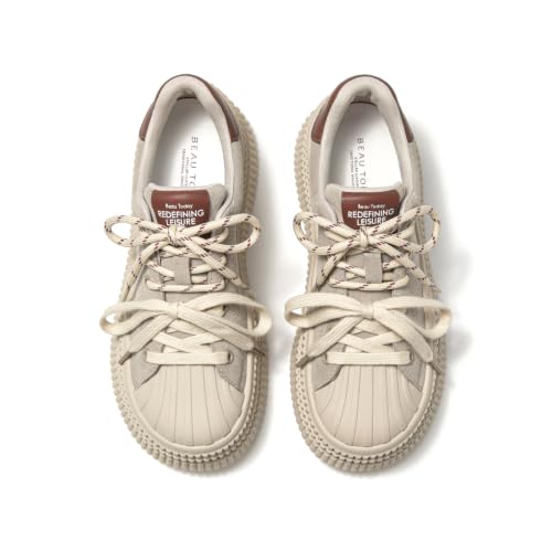 BEAU TODAY Platform Sneakers for Women, Casual Leather Suede Ladies Sneakers, Comfortable Retro Cute Lace-up Tennis Fall Shoes Grey US 6.5 by BEAU TODAY - Used condition - US$72.19