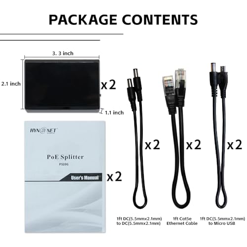 Image of 2-Pack, 24W 802.3at Gigabit PoE+ Splitter to 5V /9V / /12V, (5.5mm x 2.1mm) or Micro USB Power Adapter for Raspberry Pi 2 /3B+, Tablets, Security Cameras (with 6pcs Cables)