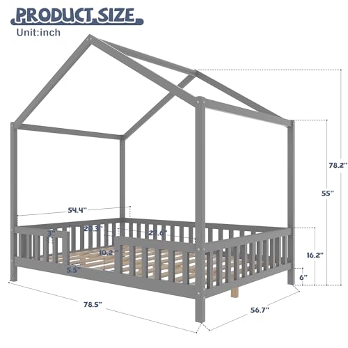 Image of Full Size Wood House-Shape Platform Bed with Roof Frame and Canopy, Montessori Floor Bed with High Railings and Slat Support for Kids Girls Boys, No Box Spring Needed (Grey-05, Full)