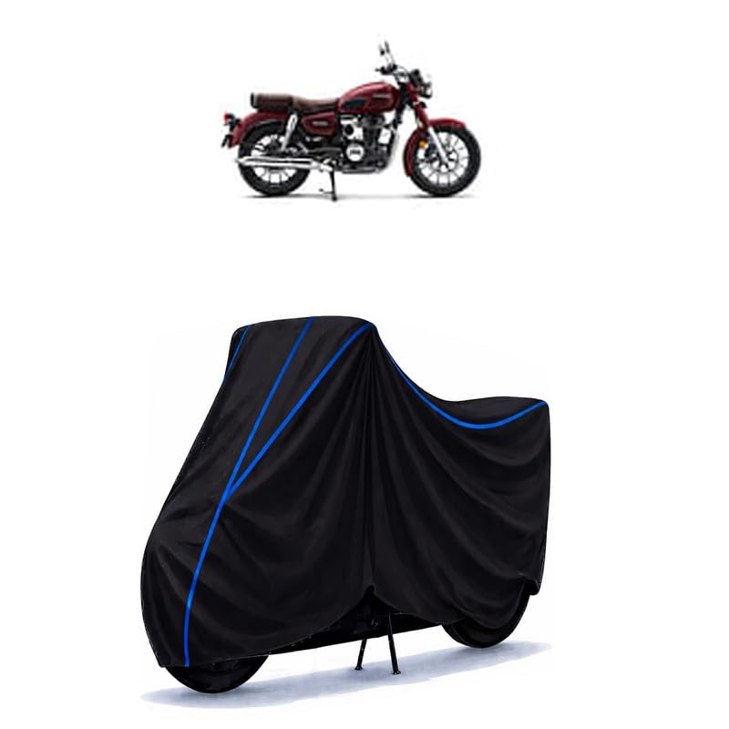 Image of CB 350 DLX Pro Bike Cover Water Resistant Universal Motorcycle Rain | Heavy Duty UV Protection, Dust, Scratch Indoor Outdoor All Weather with Black Blue Piping Elastic