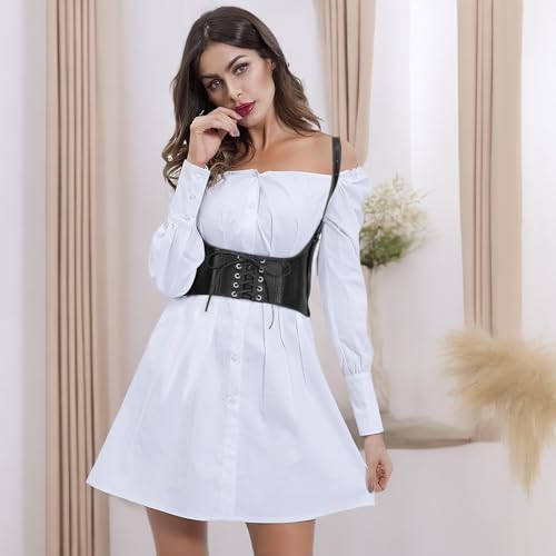 Women Faux Leather Corset Waist Belt Elastic Wide Underbust Corset Lace-up Steampunk Waspie Belt For Halloween