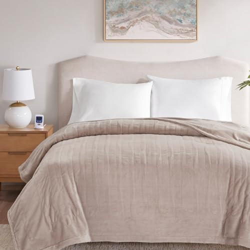 Beautyrest Heated Electric Blanket for Cold Weather Fast Heating Wi-Fi Heated Blanket Voice Command Alexa Compatible Auto Shut Off Virtually Zero EMF 20 Heat Setting UL Certified Queen Taupe