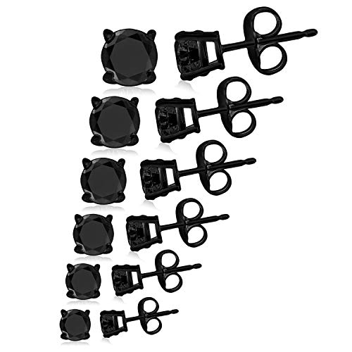 TIONEER Black Plated Sterling Silver Cubic Zirconia Round-Cut Solitaire Stud Earrings for Women and Men, Butterfly Push-Back, 4mm-9mm, 6-Piece Set