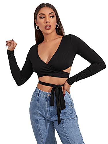 SheIn Women s Deep V Neck Knot Front Long Sleeve Wrap Crop Top Tee T-Shirt Black Crisscross Small