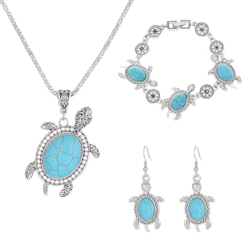 ONLYJUMP Vintage Turquoise Sea Turtle Jewelry Set, Silver-Tone Necklace Bracelet Earrings, 3 Pieces (Blue) by ONLYJUMP - Used condition - US$8.72