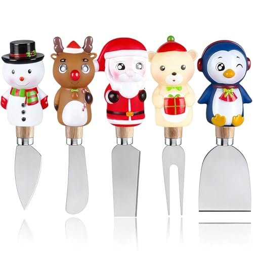Linwnil Christmas Cheese Spreaders Set of 5 - Festive Silicone Sleeves, Wooden Handles, Gift Box - Perfect for Cream Cheese, Butter, Jam, Charcuterie Boards