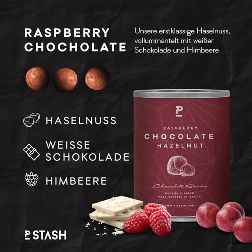 P-STASH Haselnuss weiße Schokolade mit Himbeere, Edle Haselnüsse 3x60g, fettfreie Trommelröstung, Nussmischung mit einzigartigen Gewürzkombinationen, Premium Nuts made in Berlin