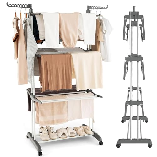 Lavandería, Tools Tendedero Plegable para Ropa,4 Niveles Tendedero Vertical Retráctil,Movible y Ajustable,Estante Secado Ropa con Alas Laterales y Ruedas,Soporte Tendedero...