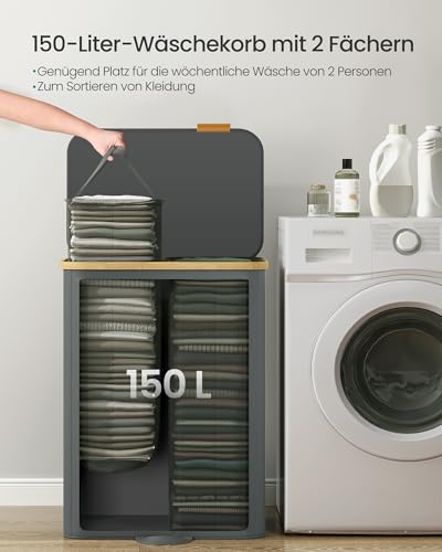 SONGMICS Wäschekorb mit Deckel, Wäschesammler, Wäschesortierer, Wäschetonne, Wäschesack herausnehmbar, Bambusrahmen, für Waschküche, Schlafzimmer, 2 Fächer, 150 Liter, schiefergrau LCB532GN01