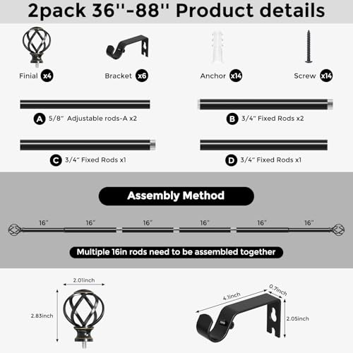 2 Pack Black Curtain Rod 36-88 Inch, Adjustable Curtain Rods for Windows by VOIIY - Used condition - Image 8