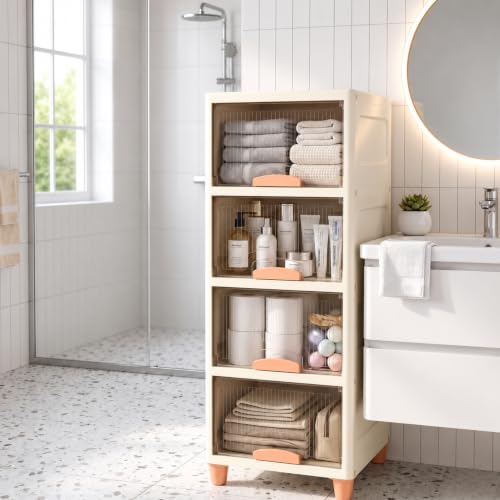 Image of HoopVool Foldable Storage Cabinet, Stackable Plastic Storage Box with Front Opening Door, Dustproof Organizer for Clothes, Toys, Books, Bathroom & Bedroom (4-Tier (33 X 38 X 107 CM))