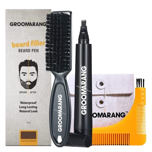 Beard Pen GROOMARANG® Beard Pencil Filler for Men - Natural Enhancer to Fill, Shape and Define - Black or Brown PLUS Beard Shaping Comb (Dark Brown)