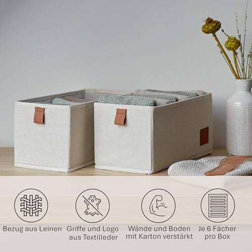 LOVE IT STORE IT Premium Schrank Organizer 2-teilig - Schubladenbox aus Stoff - Verstärkt - Je 6 Fächer für Unterwäsche, Gürtel - Beige - 15x30x15 cm