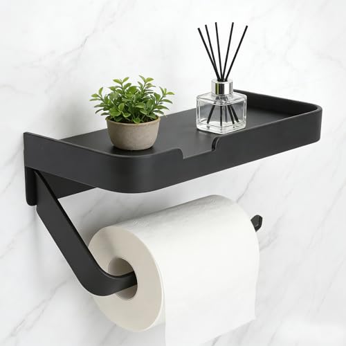 Toilettenpapierhalter mit Ablage wandmontage ohne Bohren – klopapierhalter Aluminium schwarz modern – Stabiler papierrollenhalter Wand mit handyablage für Bad wc Badezimmer