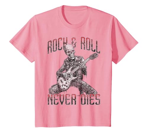 Rock and Roll Never Dies Skeleton Vintage Rock Music T-Shirt, Youth, Pink, Small