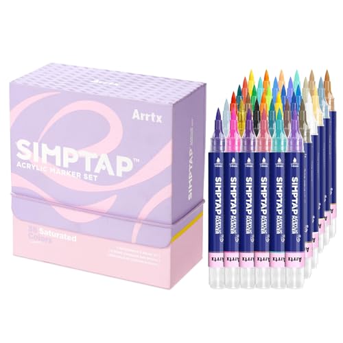 Arrtx Acrylic Markers,Simptap Series,Strong Coverage,Brush Tip Acrylic Paint Markers for Rock Painting,DIY Craft,Wood,Glass-36Color/Pack