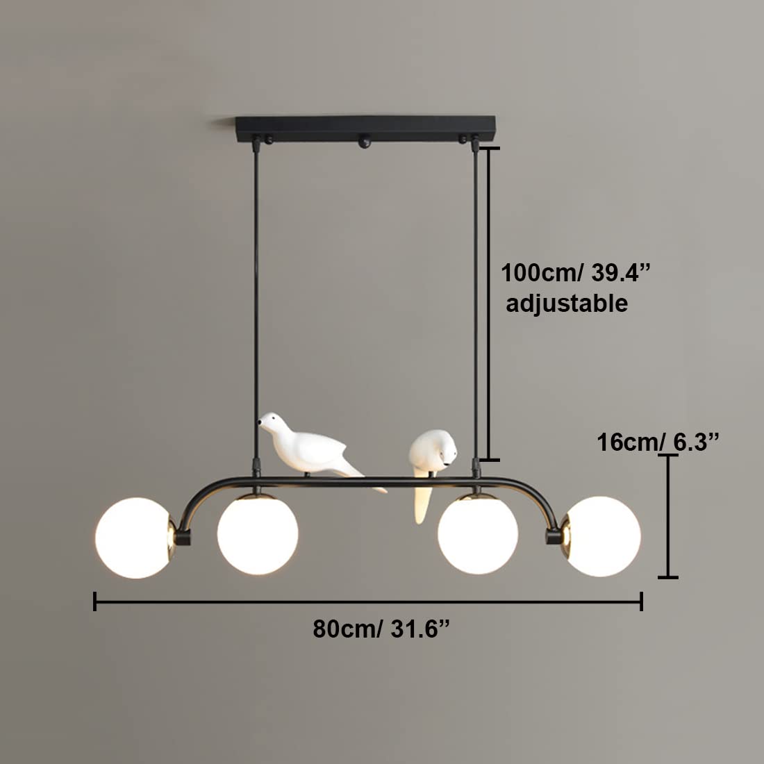 4 światła Szklana kula Oświetlenie żyrandola Matowa czarna lampa wisząca z kloszem ze szklanej kuli i pięknym wzorem ptaka, lampa wisząca sufitowa w stylu vintage do sypialni Salon Jadalnia (B)
