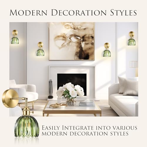 Image of Rossesay 2 Pcs Vintage Wall Sconce with Tulip Glass Shade 180 Degree Adjustable Hanging Brass Sconces Hardwired Modern Lamp Fixtures Decor for Bedside Indoor Doorway Including Light Bulb (Green)