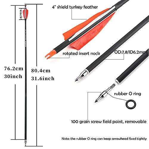 Zshjgjr 30 Inch Archery Carbon Arrows Hunting Arrows With 4” Turkey Feather Target Practice Arrows Spine 500 For Compound & Recurve &Traditional Bow 6/12Pcs (12 X Orange Arrows) #TOP3