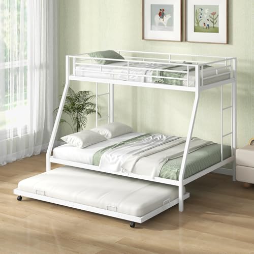 Giantex Twin Over Full Bunk Bed with Trundle, Heavy-Duty Metal Triple Bunk Beds w/Two Side Ladders & Safety Guard Rail, 3 in 1 Bunk Beds for Kids Teens, No Box Spring Needed,White