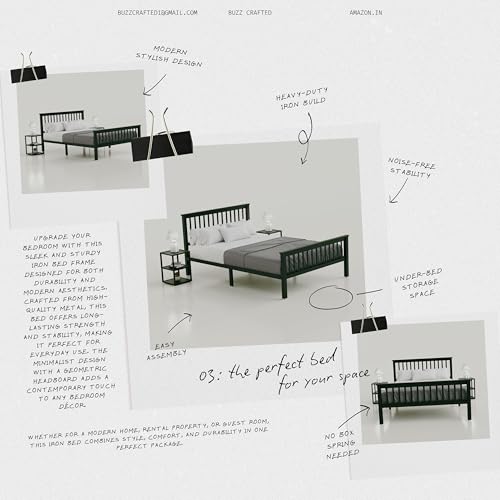 Image of Queen Size Metal Bed Frame Without Storage | Queensize Metal Bed | Queen Iron Bed | Queen Steel Bed | Heavy Duty Platform Bed | Double Bed Cot | Steel Slats | Noise Free | No Box Spring Needed | Black