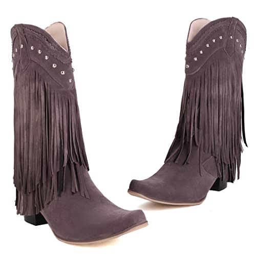 Image of KiutSymo Mid Calf Fringe Boots For Women Cowboy Pointed Toe Chunky Heels Cowgirl Western Tassel Boots