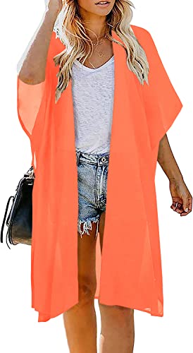 Image of Indian Trendy Women's Solid Puff Sleeve Kimono Long Cardigan Loose Cover Up Casual Blouse Top Chiffon
