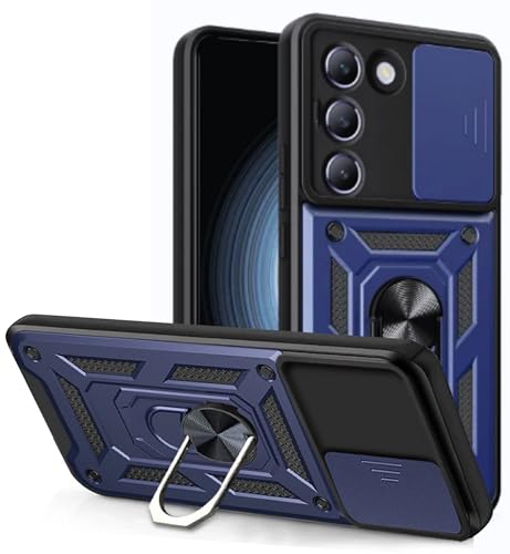 Image of SPAZY CASE Vivo T3 5G Back Case | Heavy Duty Hybrid Case with 360 Degree Rotating Finger Ring Holder + Slider Shutter Camera Protection Cover for Vivo T3 5G 5G - Blue