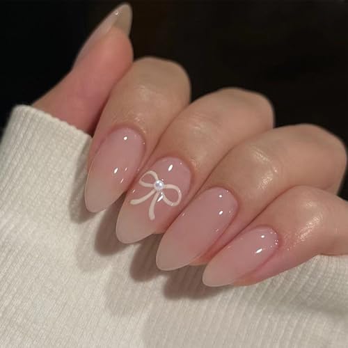 French Tip False Nails - 24pcs Almond Press on Nails - Pink Bow F...