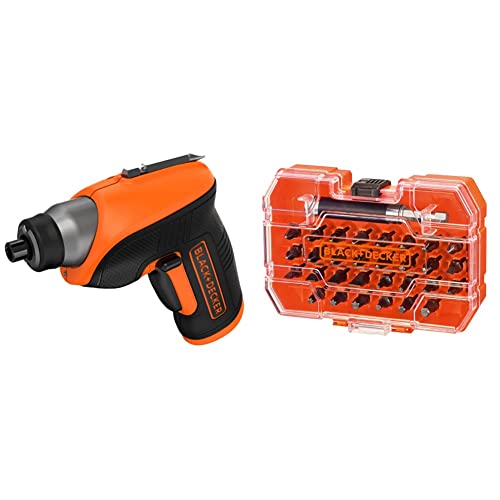 BLACK+DECKER CS3652LC, Atornillador de 3.6 V 5.5 Nm con Cabezal de Ángulo Recto, A7228, Juego de 31 Piezas para Atornillar con Adaptador Magnético
