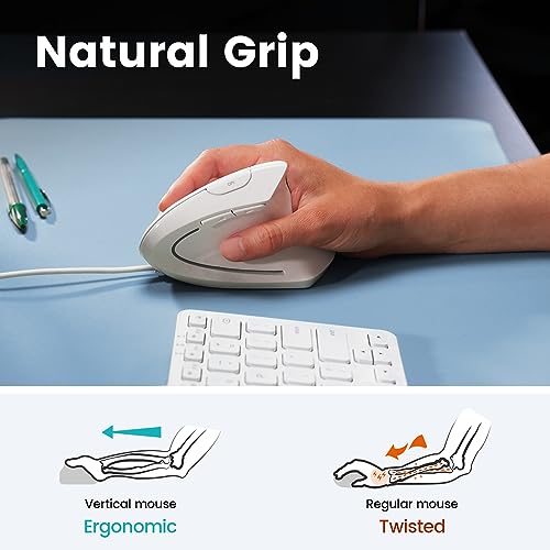 Image of Perixx PERIMICE-513W Wired Vertical Ergonomic Mouse - Natural Handshake Design, 6-Button USB-A, Adjustable 1000 /1600 DPI Optical Sensor, 1.8 m Cable, Right-Handed, White
