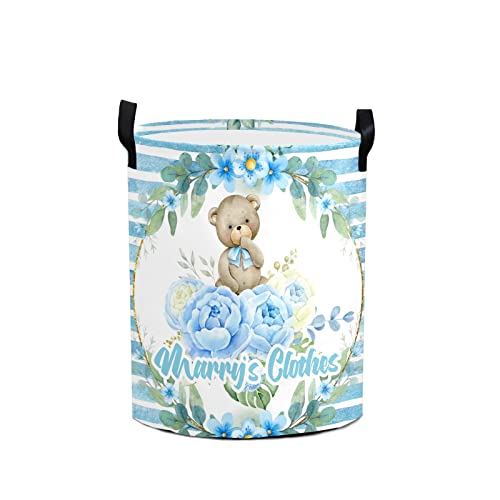 Striped Bear Personalized Freestanding Laundry Hamper, Custom Waterproof Collapsible Drawstring Basket Storage Bins with Handle for Clothes