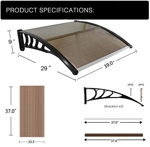 Choies Window Awning Canopy,Polucarbonate Cover Front Door Awnin Patio Door Awnings Canopy Uv Rain Snow Sunlight Protection Hollow Sheet(30" X 40",Brown Canopy/Black Bracket) #TOP3
