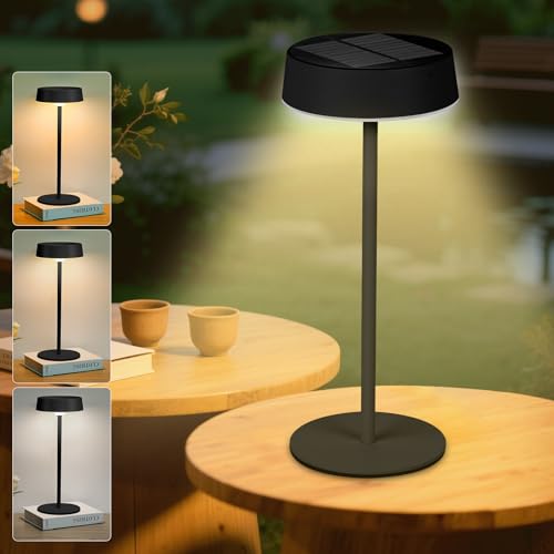 HOTUT LED Solar Table Lamp Indoor & Outdoor Table Lamp IP65 Waterproof Dimmable & 3 Color Temps USB Rechargeable Cordless Desk Light for Patio Garden Camping Bedroom Living Room