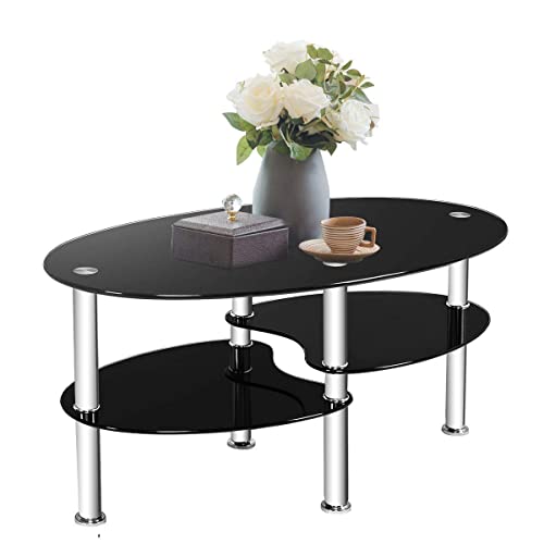 Tangkula Glass Coffee Table, 2-Tier Modern Oval Smooth Glass Tea Table End Table For Home Office With 2 Tier Tempered Glass Boards & Sturdy Chrome Plated Legs #TOP24