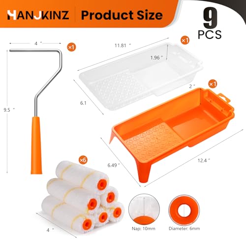 HANJKINZ 9 Pcs 4 Inch Small Paint Roller Kit with Microfiber Paint Roller Covers, Paint Tray with Liner, Mini Paint Roller for Painting Wall, Door, Cabinet