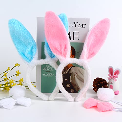 Fingooo Bunny Ears And Tail,Blue And Pink Bunny Ears Headband For Kids Adults Easter Halloween Costume Accessories #TOP3
