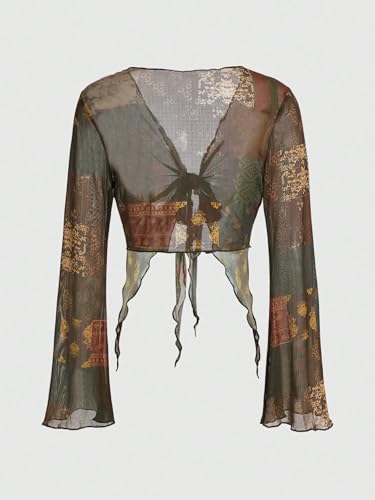 OYOANGLE Women's Graphic Long Sleeve Tie Front Sheer Mesh Top Y2k Hippie Wrap Crop Cardigan2