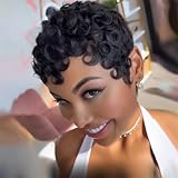 Rofa Beauty Pixie Cut Wig Human Hair Short Layered Pixie Wigs For Black Women Brazilian Virgin Curly Wavy Human Glueless Short Curly Wigs With Bangs Natural Black Color for Daily Use