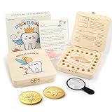 Gzxhsy Milchzahndose mit bunten Motiven für Jungen und Mädchen | Zahnfee Geschenk set mit 2 Münzen, Lupe & Brief | zahnbox für Milchzähne (Quadratisch - Zahn und Zahnfee)