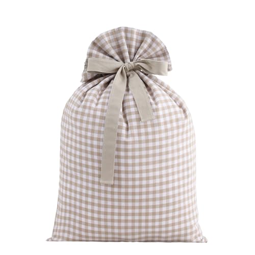 EMBRUNIOICE Christmas Santa Sack, Gingham 18.9 X 26.4 Inch Large Christmas Gift Bag with Ribbon Tie for New Year Christmas Party Supplies Favors(Beige Gingham)