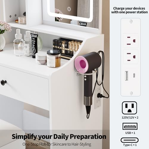 Image of Sweetcrispy Vanity Desk with LED Lights Mirror & Power Outlet