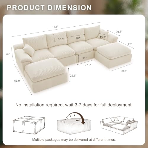 Image of 133 inch Cloud Sectional Couch, Boneless Couches for Living Room, Beige
